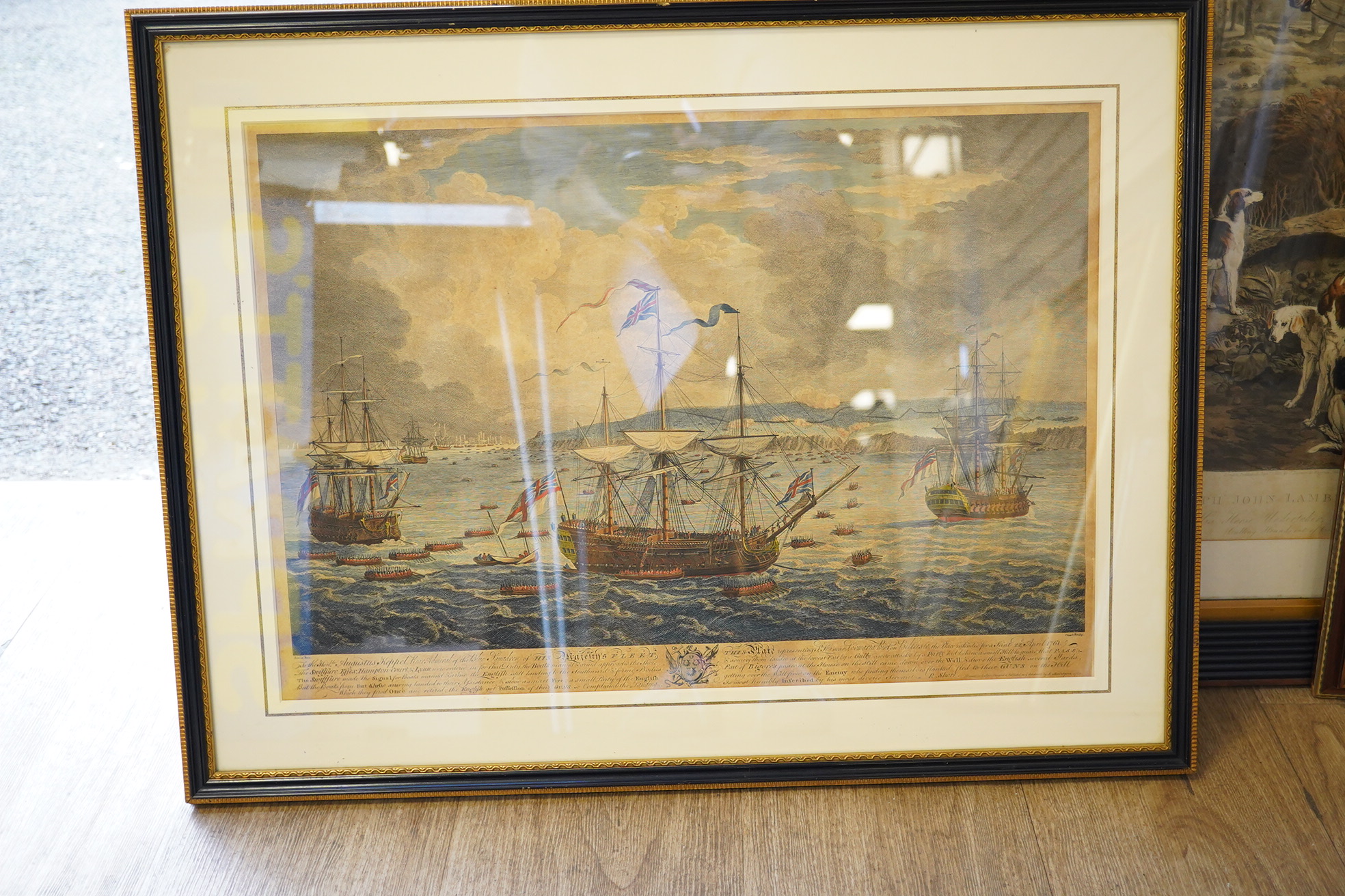Three 18th / 19th century engravings including 'Lord Howes, Victory on the Glorious 1st June 1794, published 1st October 1795 and Ralph John Lambton Esq., Hunting scene, published 1st September 1821 by C. Turner, largest